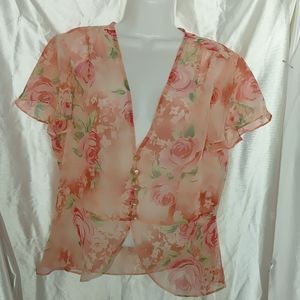 Floral sheer 5 button blouse L